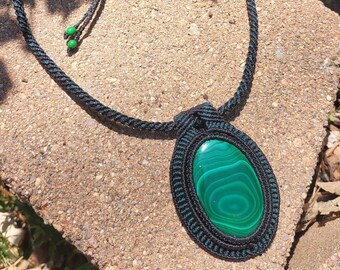Green Congo Malachite Gemstone Micro Macrame Necklace/ Crystal Tribal Jewelry