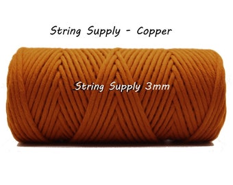 Copper 3mm Premium Macrame cord, 100 meters (109 yards) - Single twist macrame string, cotton cord, twisted macrame cord