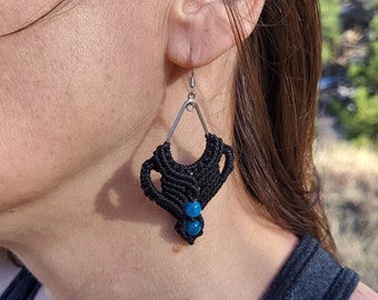 Black Micro Macrame Earrings with Blue Apatite Beads/Crystal/Macrame Jewelry