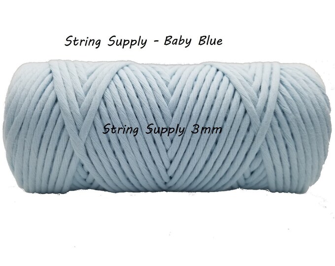 Baby Blue 3mm Premium Macrame cord, 100 meters (109 yards) - Single twist macrame string, cotton cord, twisted macrame cord