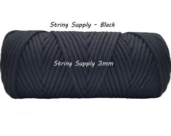 Black 3mm Premium Macrame cord, 100 meters (109 yards) - Single twist macrame string, cotton cord, twisted macrame cord