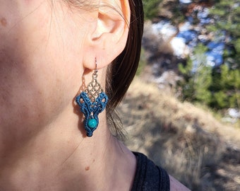 Micro Macrame Turquoise Earrings with Blue Apatite Beads/Crystal/Macrame Jewelry