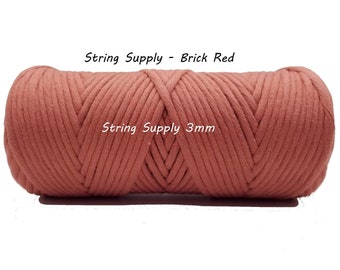 Brick Red 3mm Premium Macrame cord, 100 meters (109 yards) - Single twist macrame string, cotton cord, twisted macrame cord