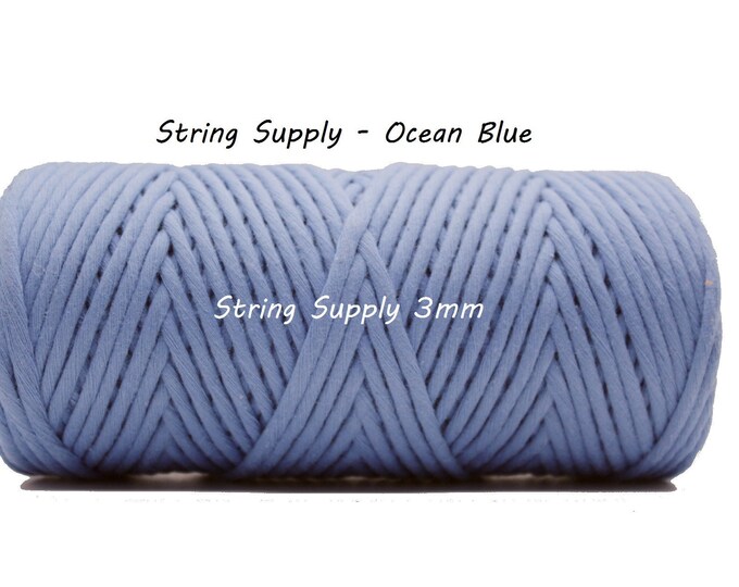 Ocean Blue 3mm Premium Macrame cord, 100 meters (109 yards) - Single twist macrame string, cotton cord, twisted macrame cord