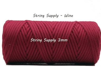 Wine 3mm Premium Macrame cord, 100 meters (109 yards) - Single twist macrame string, cotton cord, twisted macrame cord