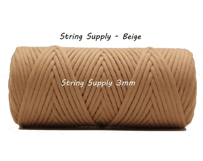 Beige 3mm Premium Macrame cord, 100 meters (109 yards) - Single twist macrame string, cotton cord, twisted macrame cord