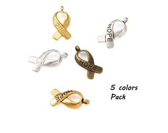 25pcs Mixed Colors Ribbon Charms, Breast Cancer Awareness, Jewelry, 19x8mm