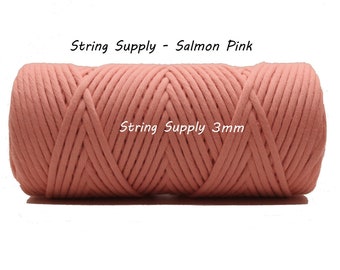 Salmon Pink 3mm Premium Macrame cord, 100 meters (109 yards) - Single twist macrame string, cotton cord, twisted macrame cord