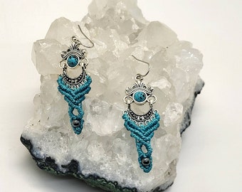 Micro Macrame Aqua Blue Earrings with Beads/Crystal/Macrame Jewelry