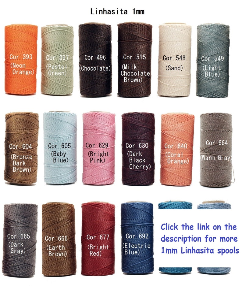 May include: A collection of 1mm waxed linen thread spools in various colors, including neon orange, pastel green, chocolate brown, milk chocolate brown, sand, light blue, bronze dark brown, baby blue, bright pink, dark black cherry, coral orange, warm gray, dark gray, earth brown, bright red, and electric blue. The spools are labeled with their color names and corresponding numbers.