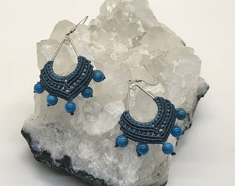 Micro Macrame Turquoise Earrings with Blue Apatite Beads/Crystal/Macrame Jewelry