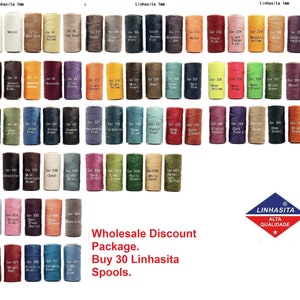 May include: A variety of 30 spools of Linhasita 1mm waxed thread in different colors. The spools are arranged in rows and columns, with each spool labeled with a color number. The text "Wholesale Discount Package. Buy 30 Linhasita Spools." is displayed below the spools.