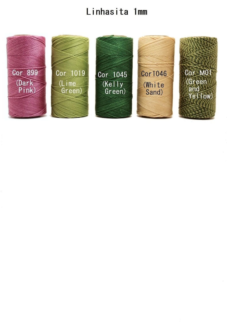 May include: Five spools of embroidery thread in different colors. The colors are dark pink, lime green, kelly green, white sand, and green and yellow.