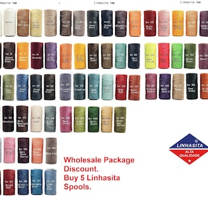 May include: A selection of 1mm thick waxed linen thread spools in a range of colours. The spools are arranged in rows and labelled with their colour numbers. The text "Linhasita 1mm" appears at the top of the image. The text "Wholesale Package Discount. Buy 5 Linhasita Spools." appears at the bottom of the image. The Linhasita logo appears in the bottom right corner of the image.