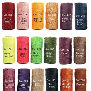 May include: A collection of 18 spools of thread in various colors, including fuchsia pink, light powder pink, mustard yellow, gold, sangria purple, lapis lazuli blue, neon yellow, neon pink, neon green, bright green, mauve, caramel brown, pinkish purple, dark purple, beige, deep green, bright orange, and copper. Each spool is labeled with a color name and a corresponding number.