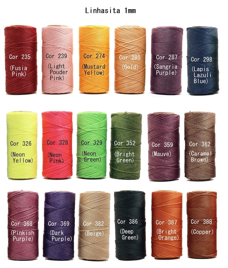 May include: A collection of 18 spools of thread in various colors, including fuchsia pink, light powder pink, mustard yellow, gold, sangria purple, lapis lazuli blue, neon yellow, neon pink, neon green, bright green, mauve, caramel brown, pinkish purple, dark purple, beige, deep green, bright orange, and copper. Each spool is labeled with a color name and a corresponding number.