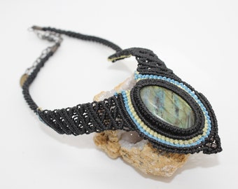 On Sale- Labradorite with Blue & Yellow Flash Micro Macrame/ Necklace/ Handmade/ Beckinka