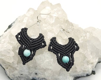 Black Micro Macrame Earrings with Beads/Crystal/Macrame Jewelry