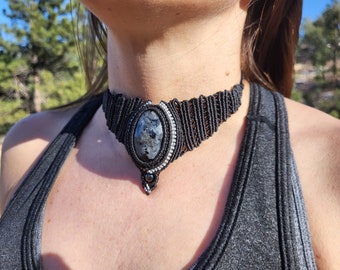 Iridescent Black Moonstone "Larvikite"  Labradorite Gemstone Macrame Necklace/ Wings