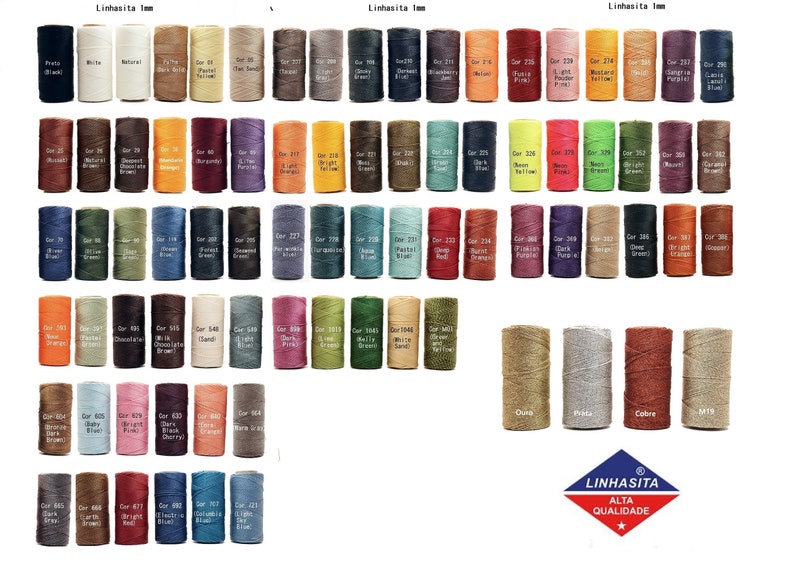 May include: A color chart of 1 mm thick waxed thread spools. The chart includes a variety of colors, including red, blue, green, yellow, brown, and black. The chart is labeled "Linhasita 1mm" and includes the text "Alta Qualidade".