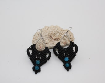 Black Micro Macrame Earrings with Blue Apatite Beads/Crystal/Macrame Jewelry