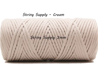 Cream 3mm Premium Macrame cord, 100 meters (109 yards) - Single twist macrame string, cotton cord, twisted macrame cord