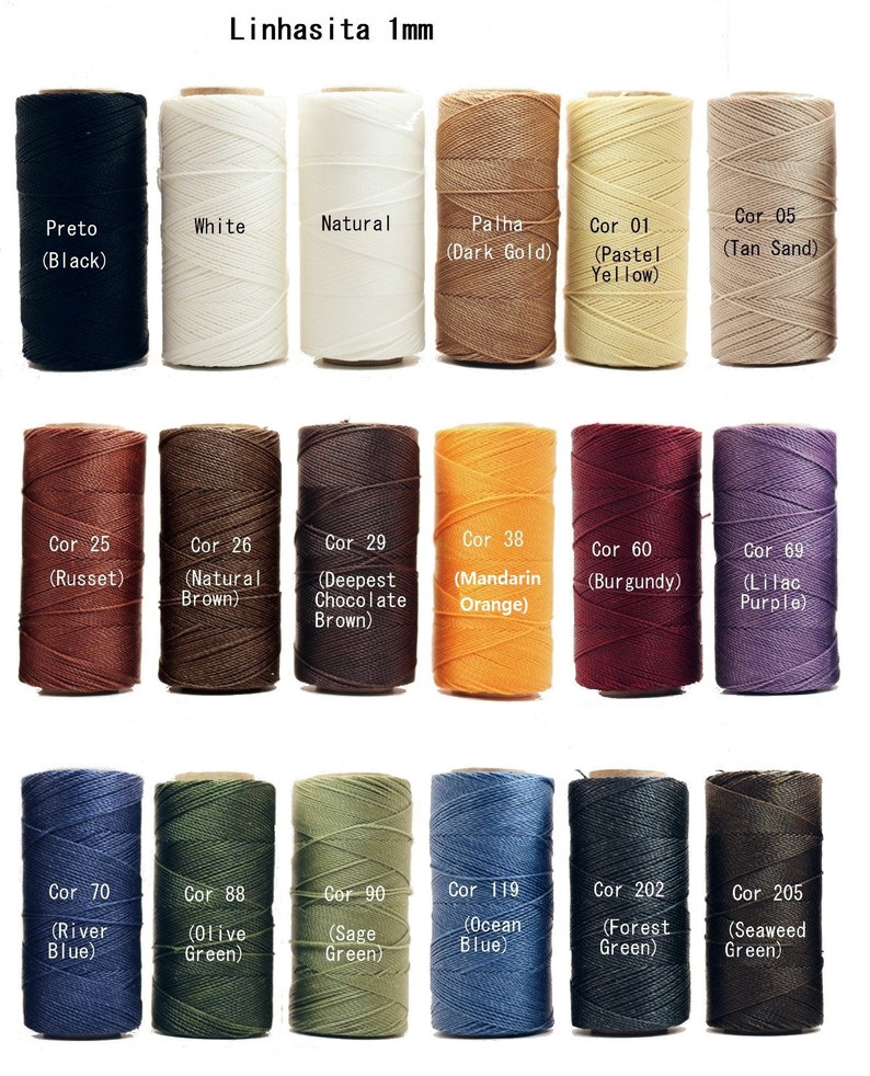 May include: A collection of 1mm waxed linen thread spools in various colors, including black, white, natural, dark gold, pastel yellow, tan sand, russet, natural brown, deepest chocolate brown, mandarin orange, burgundy, lilac purple, river blue, olive green, sage green, ocean blue, forest green, and seaweed green.