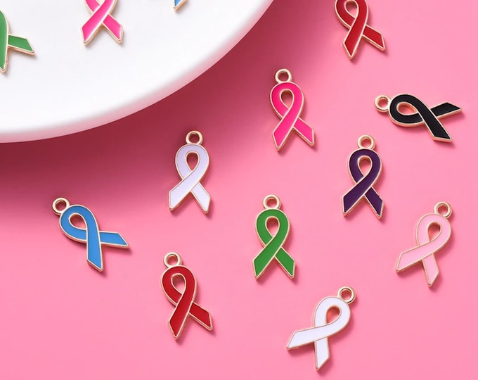 10 Ribbon Charms, 2 per color, Breast Cancer Awareness, Jewelry, 20x10mm, alloy