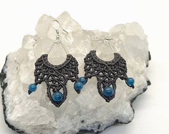 Micro Macrame Earrings with Blue Apatite Beads/Crystal/Macrame Jewelry