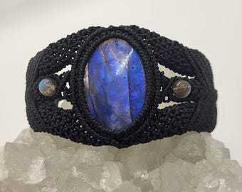 Macrame Madagascar Labradorite Bracelet Cuff- Tribal/ Bright Blue Flash