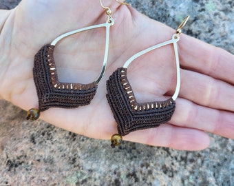 Micro Macrame Brown Earrings with tiger eyes Bead/Macrame Jewelry