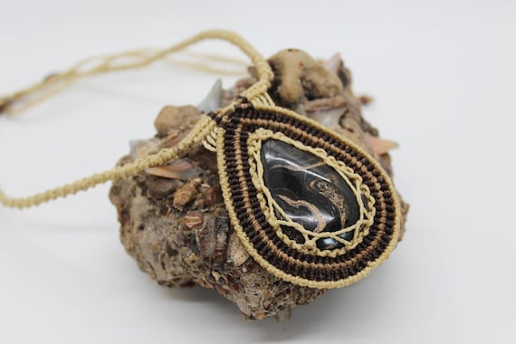 Stromatolite Fossil Necklace: Micro-Macrame Stone Pendant