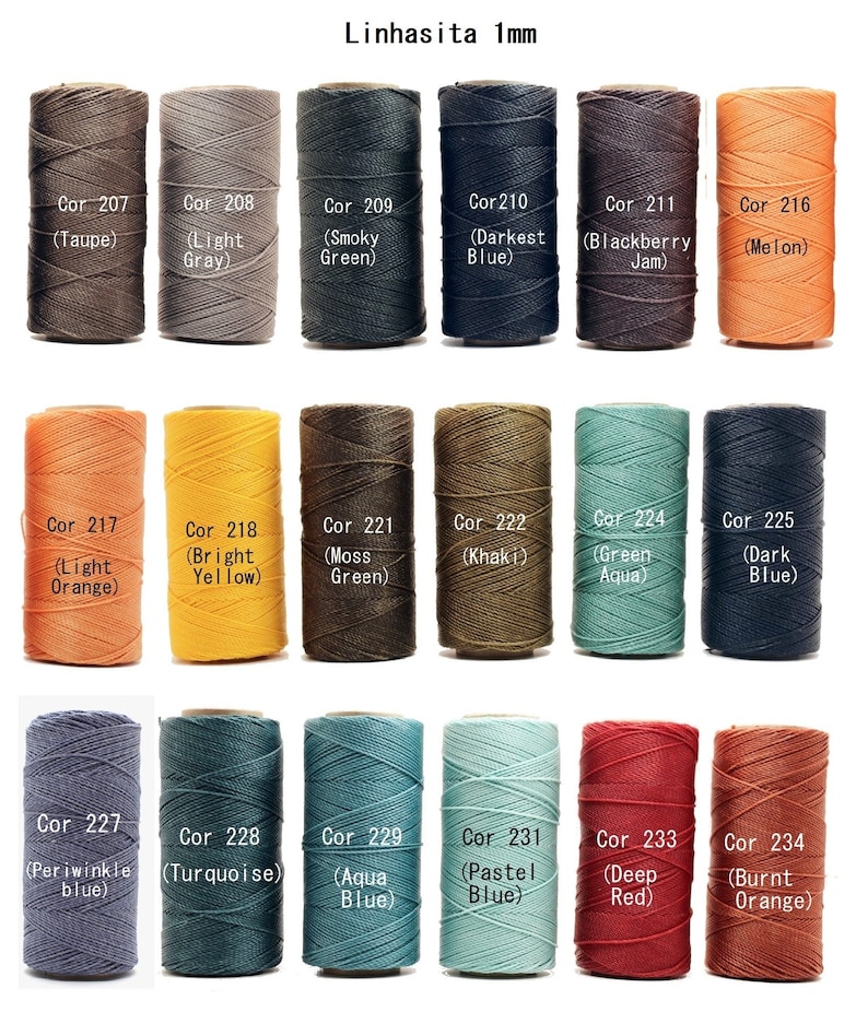 May include: A collection of 1mm waxed linen cords in various colors, including taupe, light gray, smoky green, darkest blue, blackberry jam, melon, light orange, bright yellow, moss green, khaki, green aqua, dark blue, periwinkle blue, turquoise, aqua blue, pastel blue, deep red, and burnt orange. Each cord is labeled with its color name and corresponding code number.