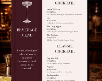 Classic Beverage Menu Template | Vintage Cocktail Illustrations | Editable Canva Design (Digital Download)