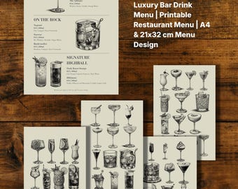 Vintage Beverage Template | 40+ Cocktail Illustrations | Editable Bar Drinks | A4 & 21x32 cm