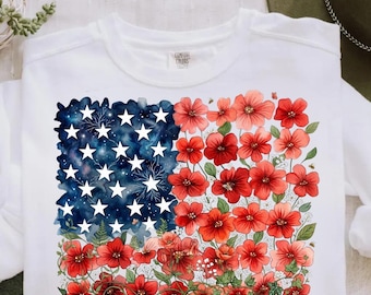 Blumen Pinselstrich amerikanische Flagge PNG, Floral patriotische Sublimation, Girly 4. Juli PNG, USA Blumenflagge Digital Download, Jesus png