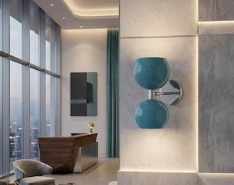 Aplique de pared de latón de doble globo azul de mediados de siglo – Lámpara de pared minimalista moderna