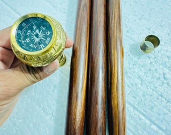 真鍮製コンパス柄の杖、木製シャフトの探検家用アクセサリー