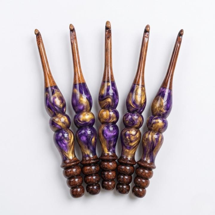 Galaxy Purple Resin Crochet Hooks Set, Ergonomic Wood Handle, Handmade Crochet Needles, Luxury Gift for Crocheters