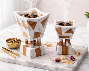 Handmade Marble Style Bakhoor Burner – Wood Inlay Oud Incense Holder – Home Decor