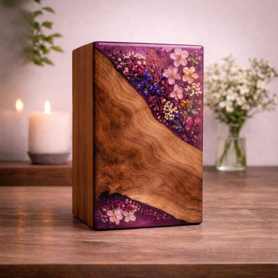 Dried Flowers Resin Urn for Ashes, Floral Wooden Memorial Urn, Personalized Keepsake Box