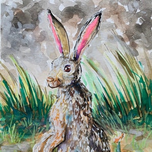 Rabbit Watercolor Painting, original rabbit art, country artwork, cottage artwork, rabbit painting