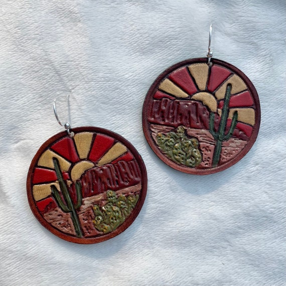 Vintage Style Leather Desert Sunset Earrings - Tooled Leather - Hand Painted - Unique Gift for Her - Western Style Jewelry