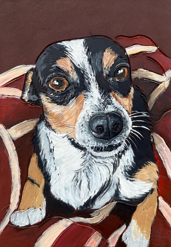 Custom Pet Portrait - Carved Leather and Hand Painted 4x6 Framed
