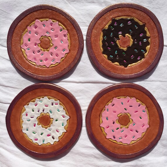 Tooled/Painted Leather Coasters - Doughnuts, set of 4