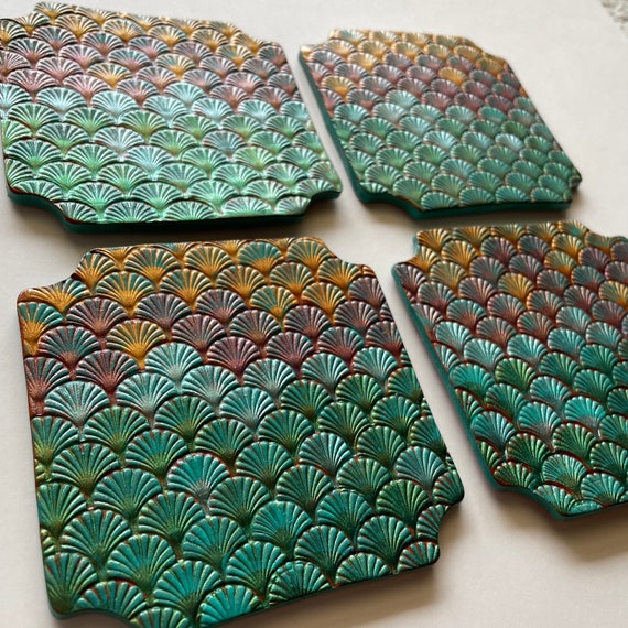 Leather Coaster Set - Handmade - Mermaid Inspired - Home Decor - Fish Scale - Hand Tooled Hand Painted