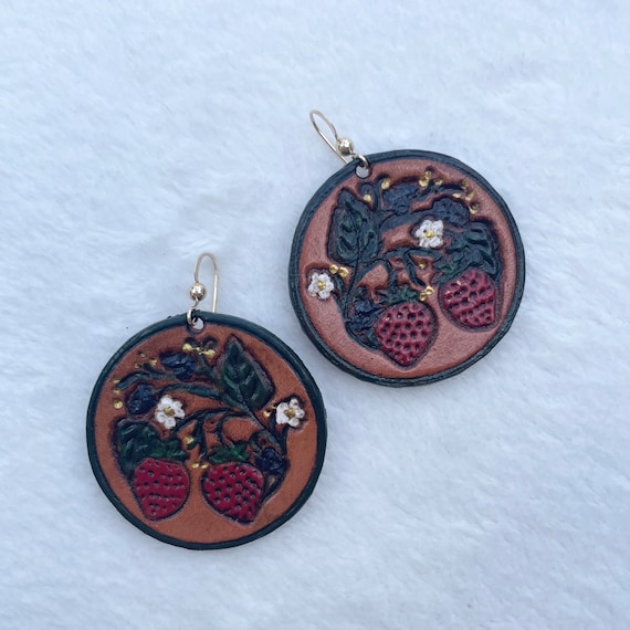 Strawberry and Blackberry Tooled Leather Earrings- Dangle Earrings - Painted Leather - cottage style