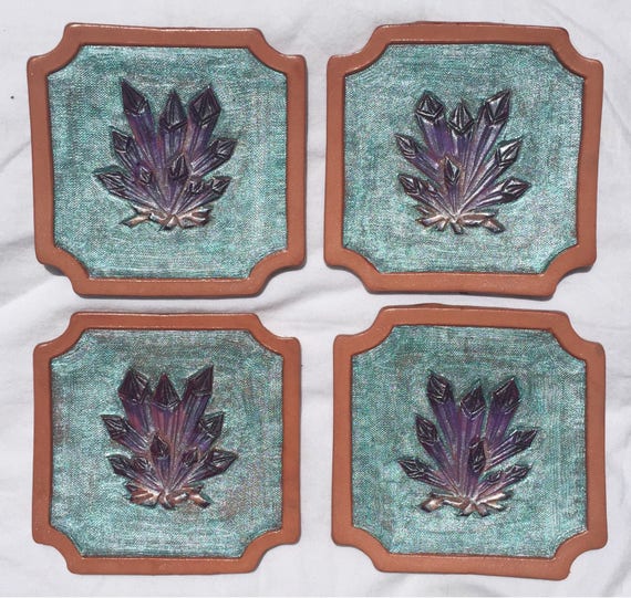 Leather Coaster Set -4 Amethyst Crystal Drinkware Barware