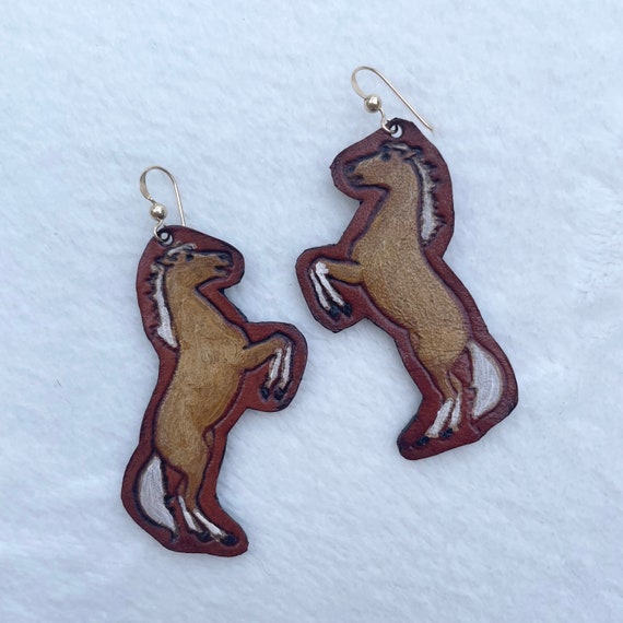 Vintage Style Leather Horse Earrings - Tooled Leather - Hand Painted - Horse Gifts - Western Style Jewelry - Palomino Horse