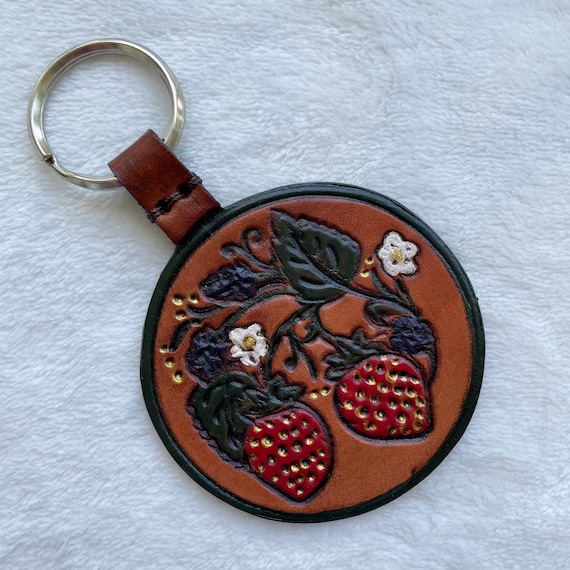 Strawberry and Blackberries Keyfob - Strawberry Keychain - Tooled Leather - Hand Painted Leather - New Driver Gift - Mother’s Day Gift